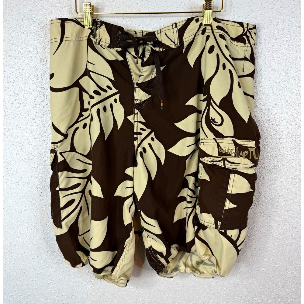Quiksilver Y2K Men's Board Shorts Floral Hawaiian Beach Brown/Beige Drawstring L